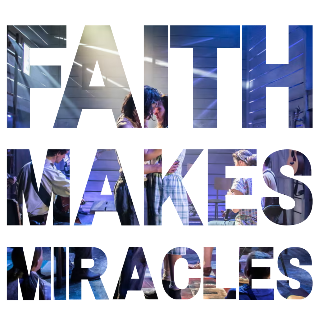 A tagline for WHISTLE DOWN THE WIND reading "faith makes miracles" with an image of Telly Leung in the title role inside the capitalised letters. Photo Credit: A tagline for ALADDIN reading "Magic dreams soar" with an image of Robert Tripolino as The Man) and Lydia White as Swallow inside the capitalised letters. Photo Credit: Pamela Raith.