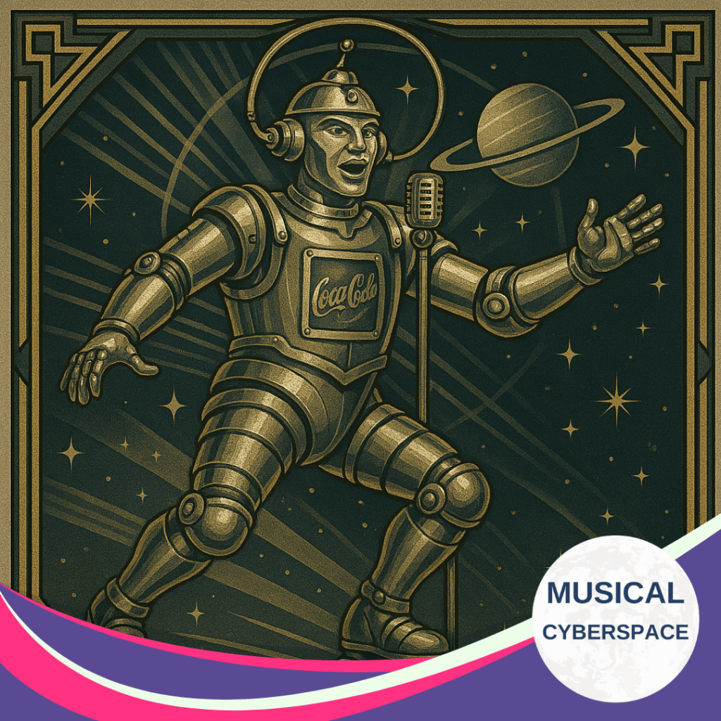 Art Deco-style illustration of a retro-futuristic robot with a Coca-Cola logo, singing into an old-fashioned microphone in front of a starry space background with Saturn. Image branded with Musical Cyberspace logo.
