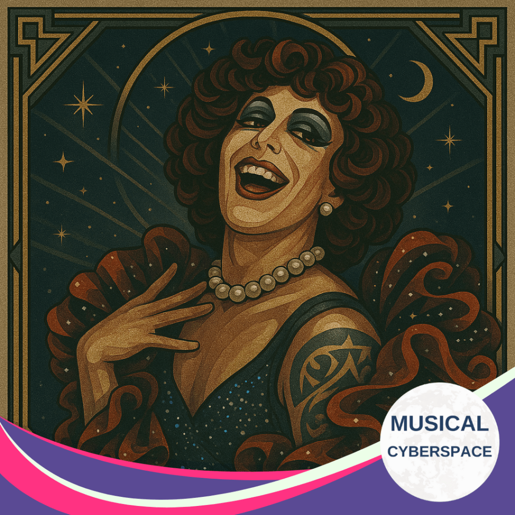 Vintage-styled portrait of Dr Frank-N-Furter from THE ROCKY HORROR SHOW, laughing with dramatic flair under a crescent moon and stars. He wears a glamorous dress, pearls, and bold makeup. Musical Cyberspace logo in the corner.