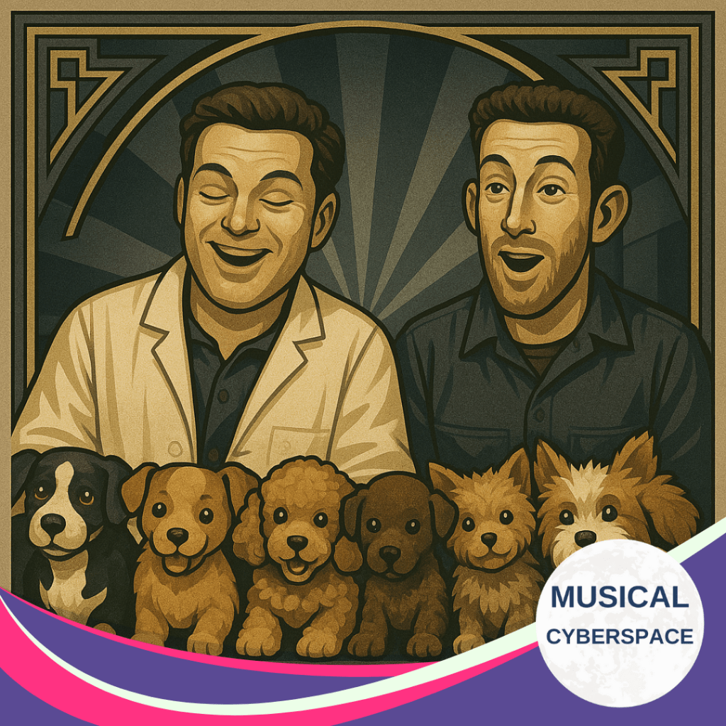 Vintage-style image of two men, one in a white lab coat, singing joyfully behind a row of cartoonish, adorable puppies. Radiating lines and star motifs create a playful, scientific vibe. Musical Cyberspace logo included.