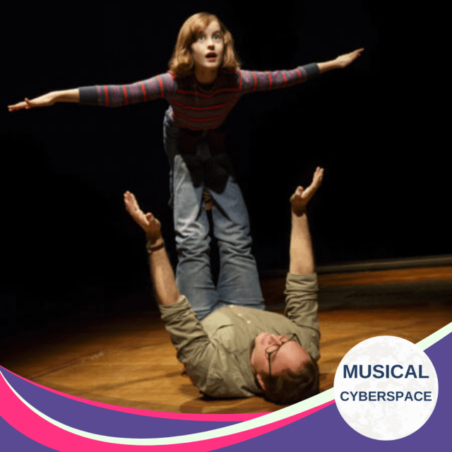 Young Alison (Sydney Lucas) soars above her father Bruce (Michael Cerveris) in the iconic airplane game pose, a rare moment of pure joy between them, arms outstretched like wings.