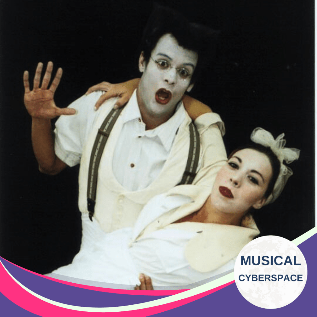 Candice van Litsenborgh and Charles Tertiens performing a comic moment as the parents in THE FANTASTICKS (2002). Both wear clownish whiteface makeup and vintage-inspired costumes. Tertiens strikes an exaggerated pose while van Litsenborgh is being dramatically dipped backward.