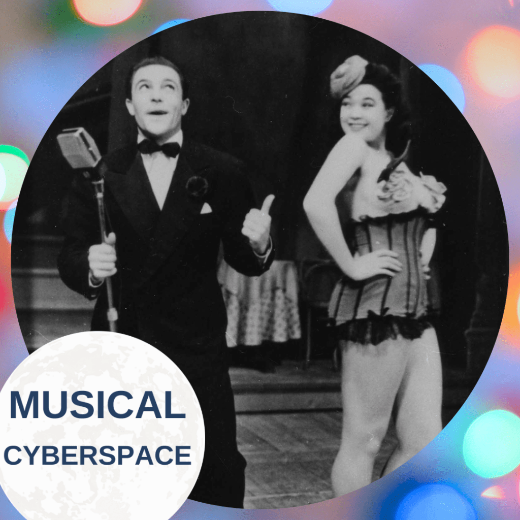 Gene Kelly as Joey Evans performing in a tuxedo beside Amarilla Morris in a corseted showgirl costume. The image captures a nightclub performance moment from PAL JOEY, framed with colourful bokeh and the Musical Cyberspace logo.