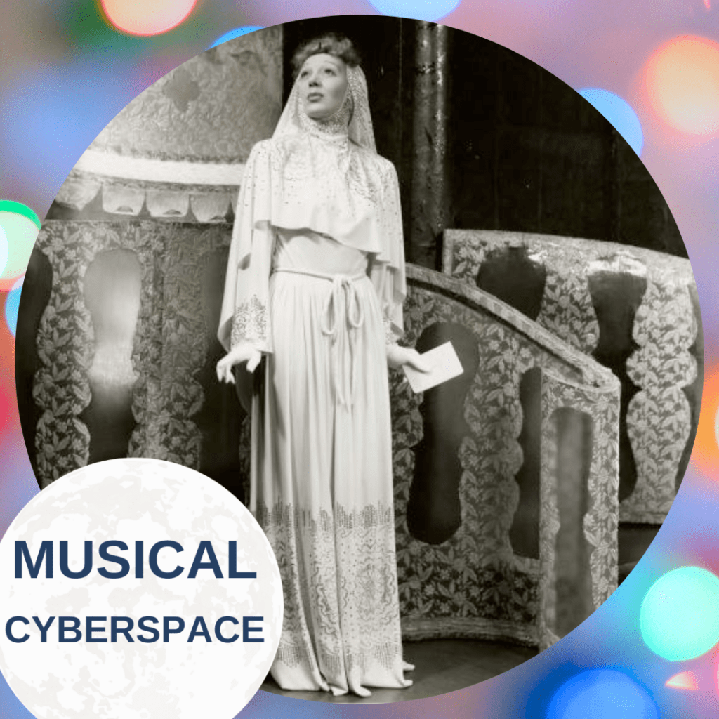 Gertrude Lawrence, dressed in a flowing white bridal and veil, stands in an ornate dreamlike setting with patterned panels behind her, portraying Liza Elliott in the wedding fantasy sequence from LADY IN THE DARK. The image is overlaid with a colorful circular frame and the “Musical Cyberspace” logo.