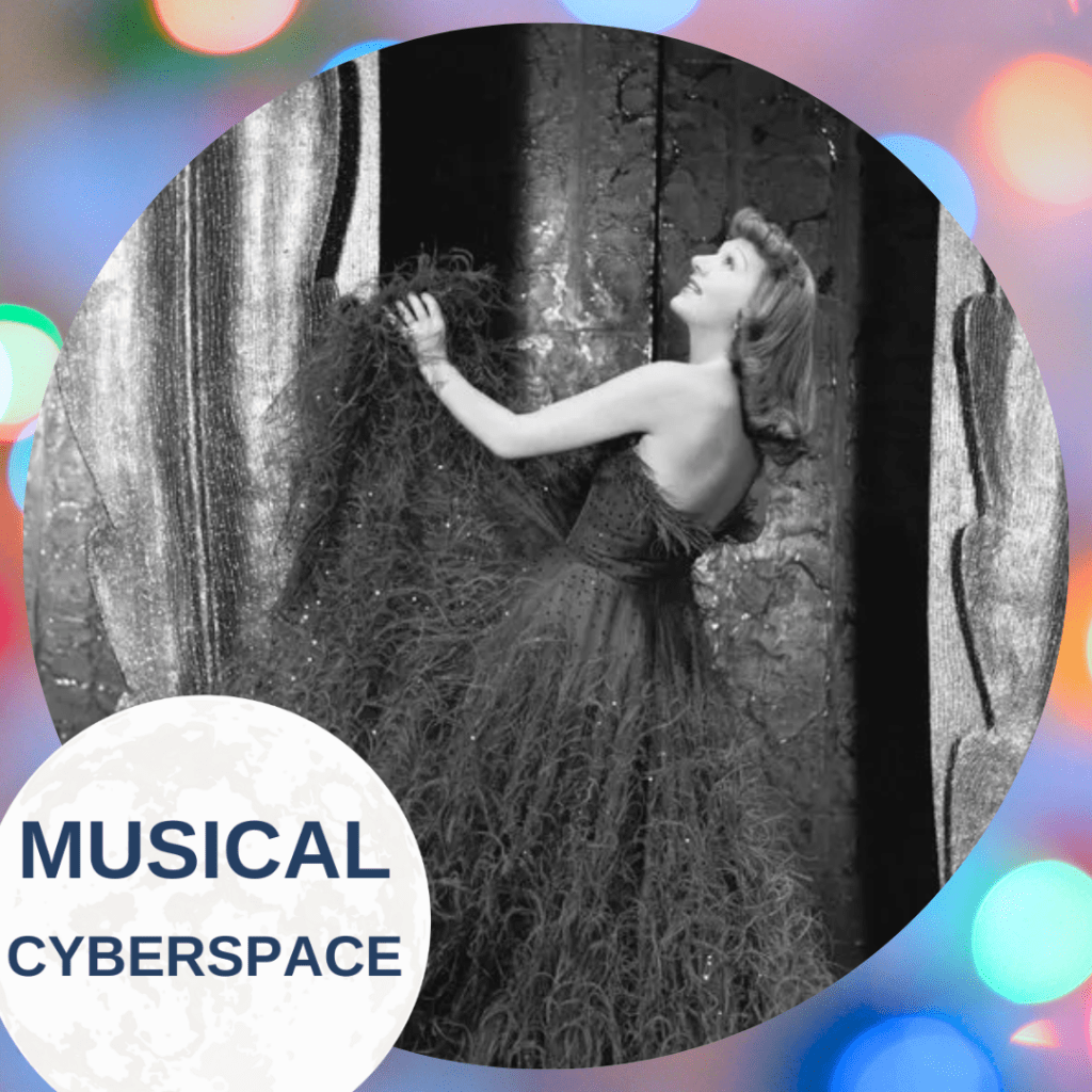 Gertrude Lawrence stands joyfully in a sparkling, feathered evening gown, lifting its voluminous skirt in a theatrical pose, framed by dramatic stage curtains. The image captures the glamour dream from LADY IN THE DARK, enhanced with a colorful border and “Musical Cyberspace” logo.