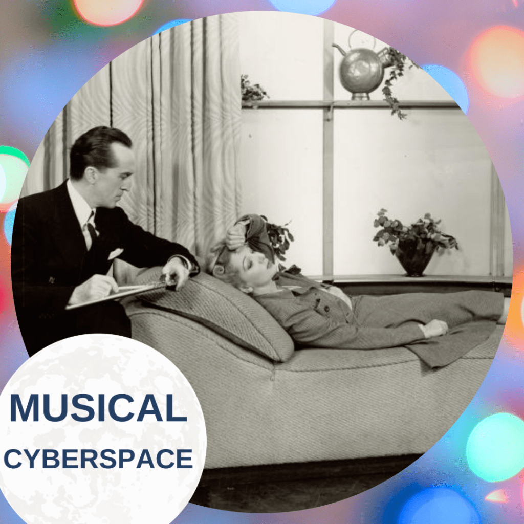 Richard Hale (as Dr. Brooks) takes notes while Gertrude Lawrence (as Liza Elliott) reclines dramatically on a therapist’s couch, hand to forehead in LADY IN THE DARK. The minimalist set features mid-century curtains and potted plants. Framed by a circular border with “Musical Cyberspace” branding.