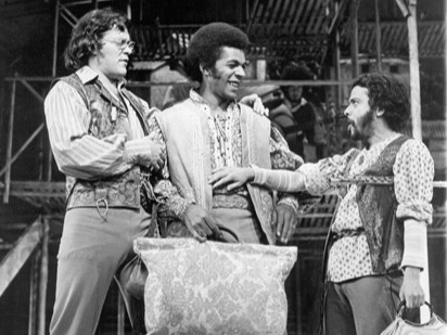 Raúl Juliá, Clifton Davis and José Ferrer in the Broadway production of TWO GENTLEMEN OF VERONA, dressed in 1970s-inspired costumes during a rock-inflected reinterpretation of Shakespeare’s comedy.